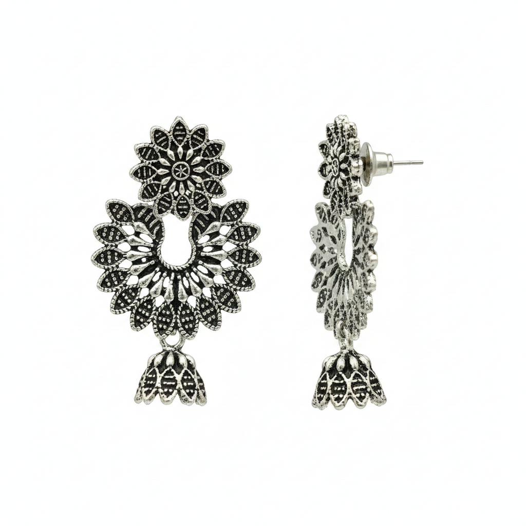 Jewelmaze Oxidised Plated Floral SmallJhumki Earrings