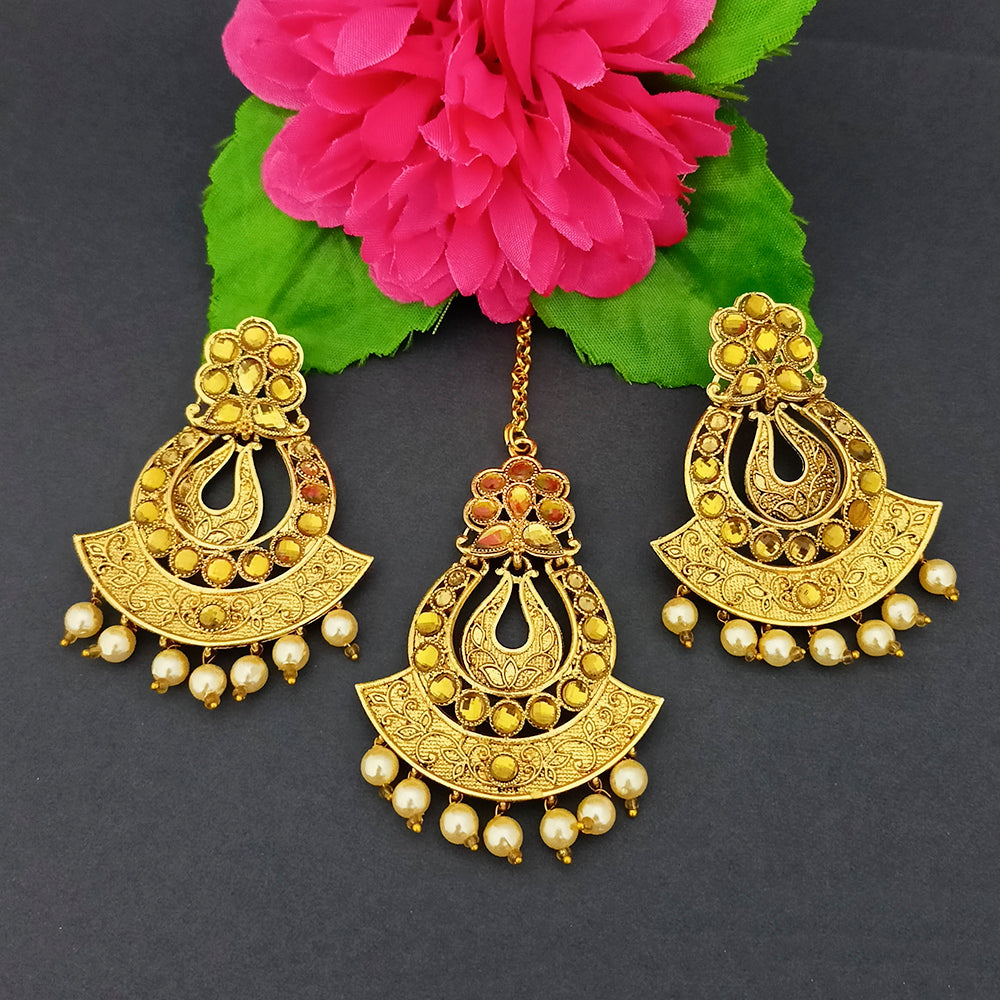 Bhavi Jewels Stone And Kundan Dangler Earrings With Maang Tikka - 1319519