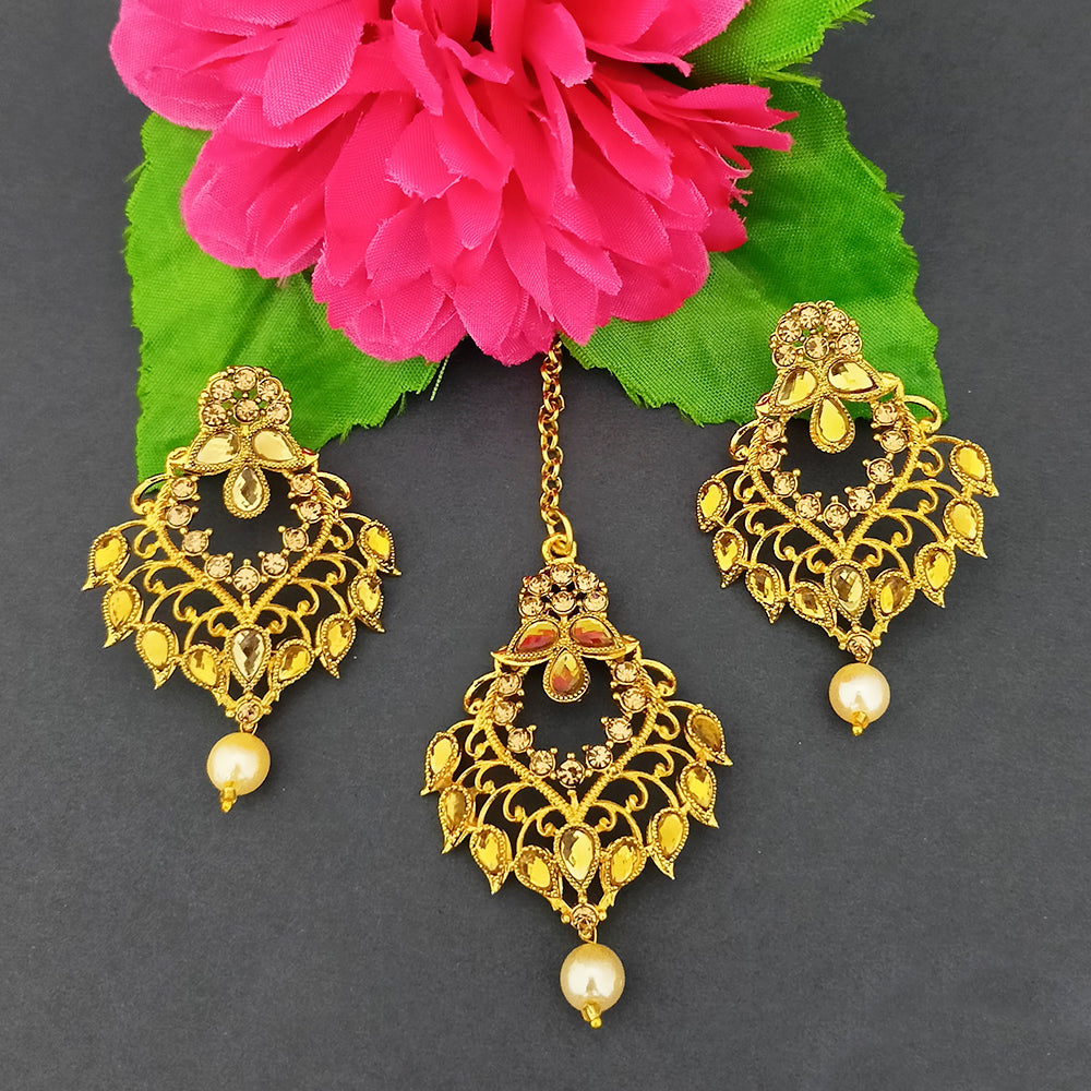 Bhavi Jewels Stone And Kundan Dangler Earrings With Maang Tikka - 1319527