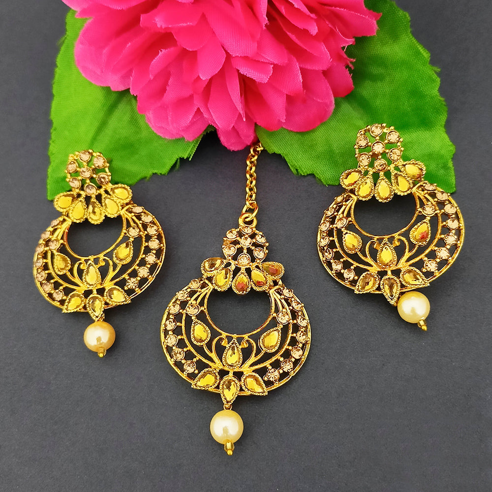 Bhavi Jewels Stone And Kundan Dangler Earrings With Maang Tikka - 1319528