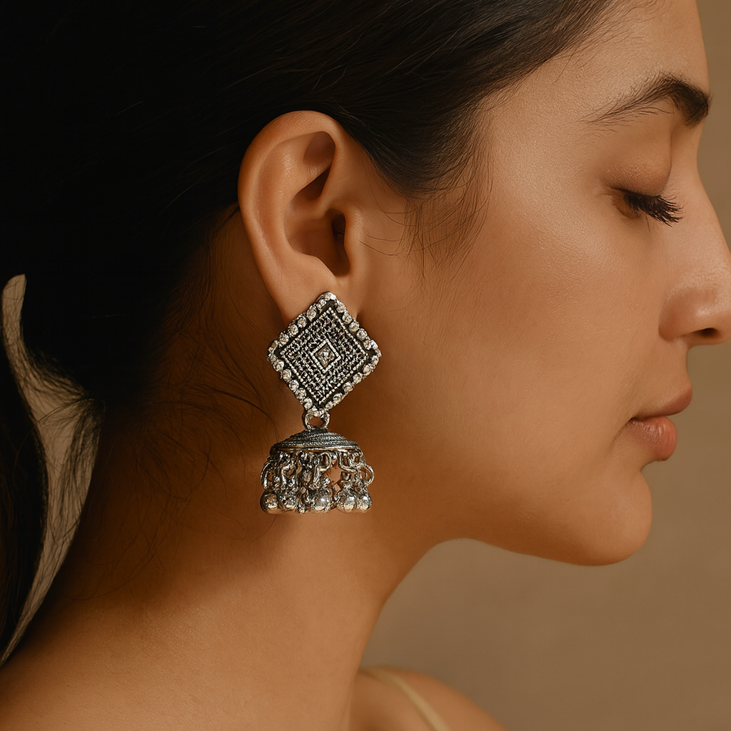 Jewelmaze Oxidised Plated Jhumki Earrings