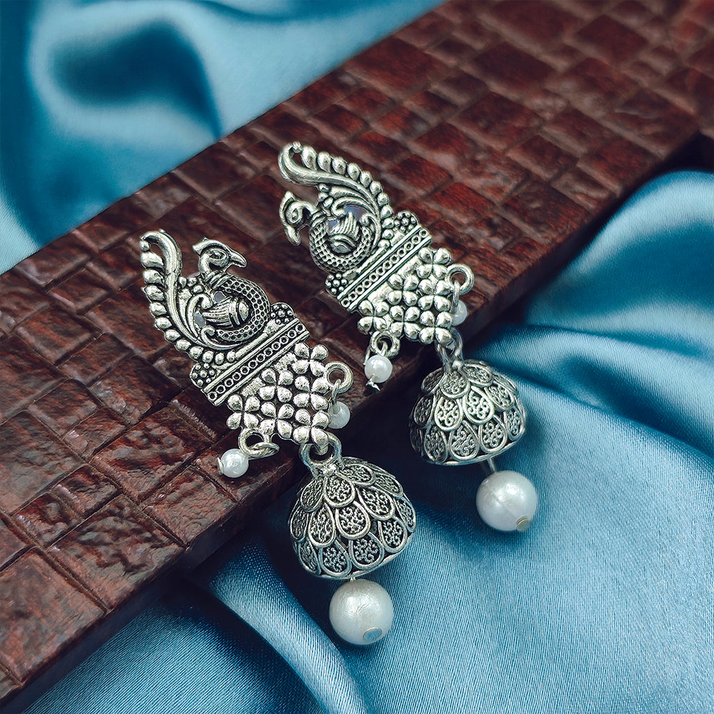 JewelMaze Oxidised Plated Peacock Jhumki Earrings