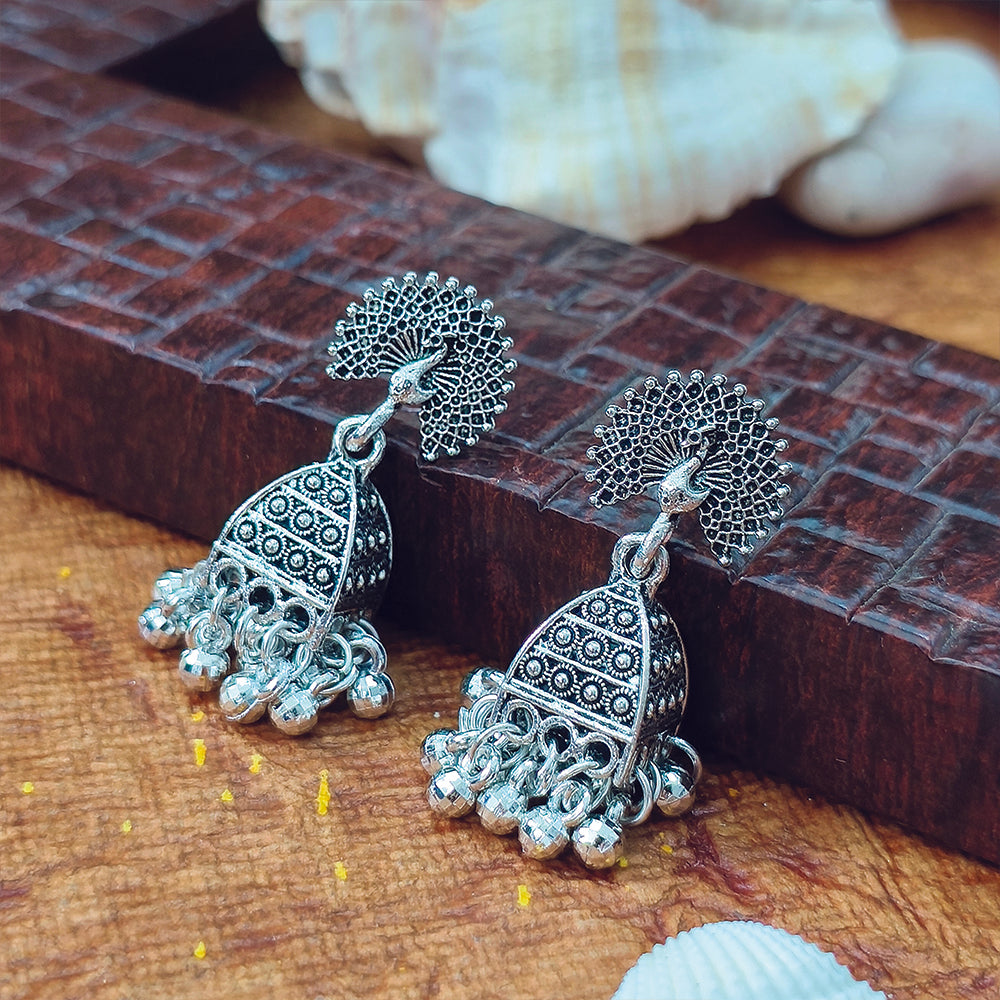 JewelMaze Oxidised Plated Peacock Jhumki Earrings - 1320008