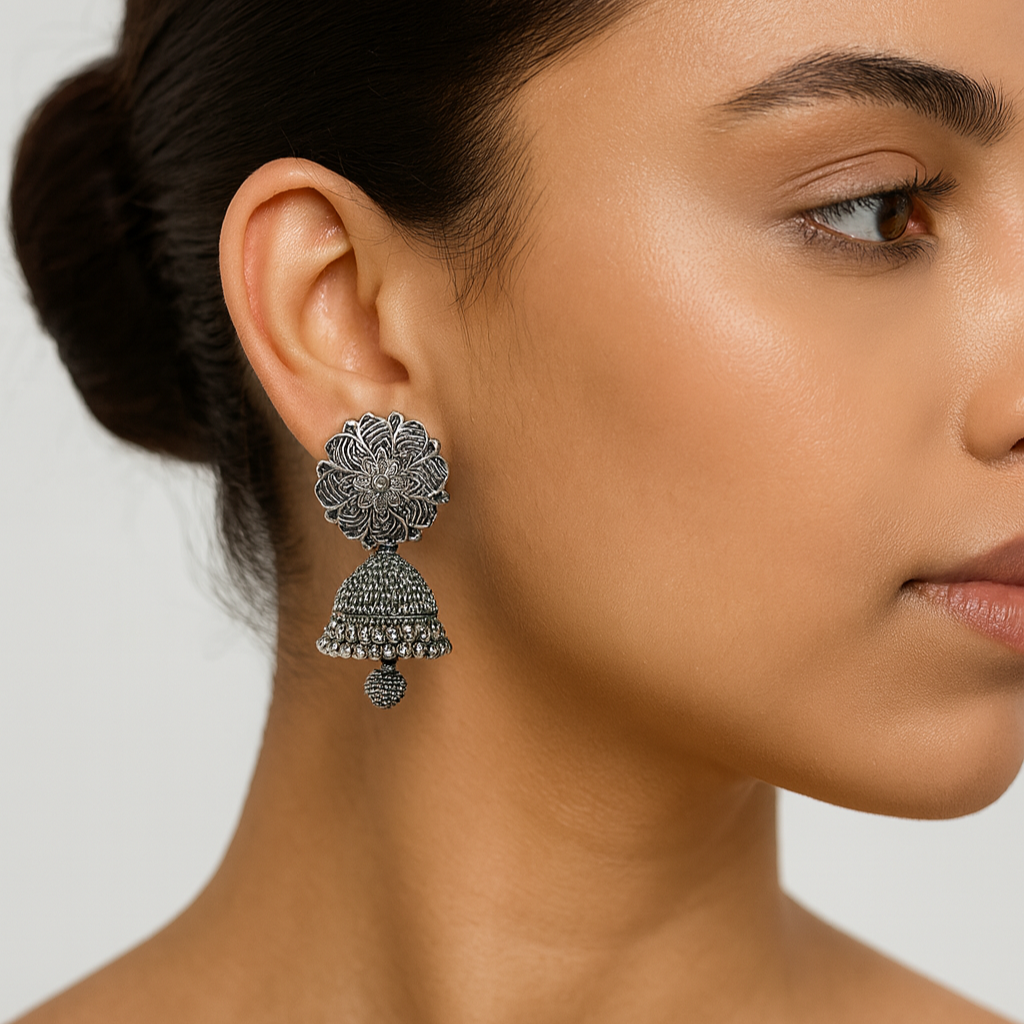 JewelMaze Oxidised Plated Jhumki Earrings - 1320019