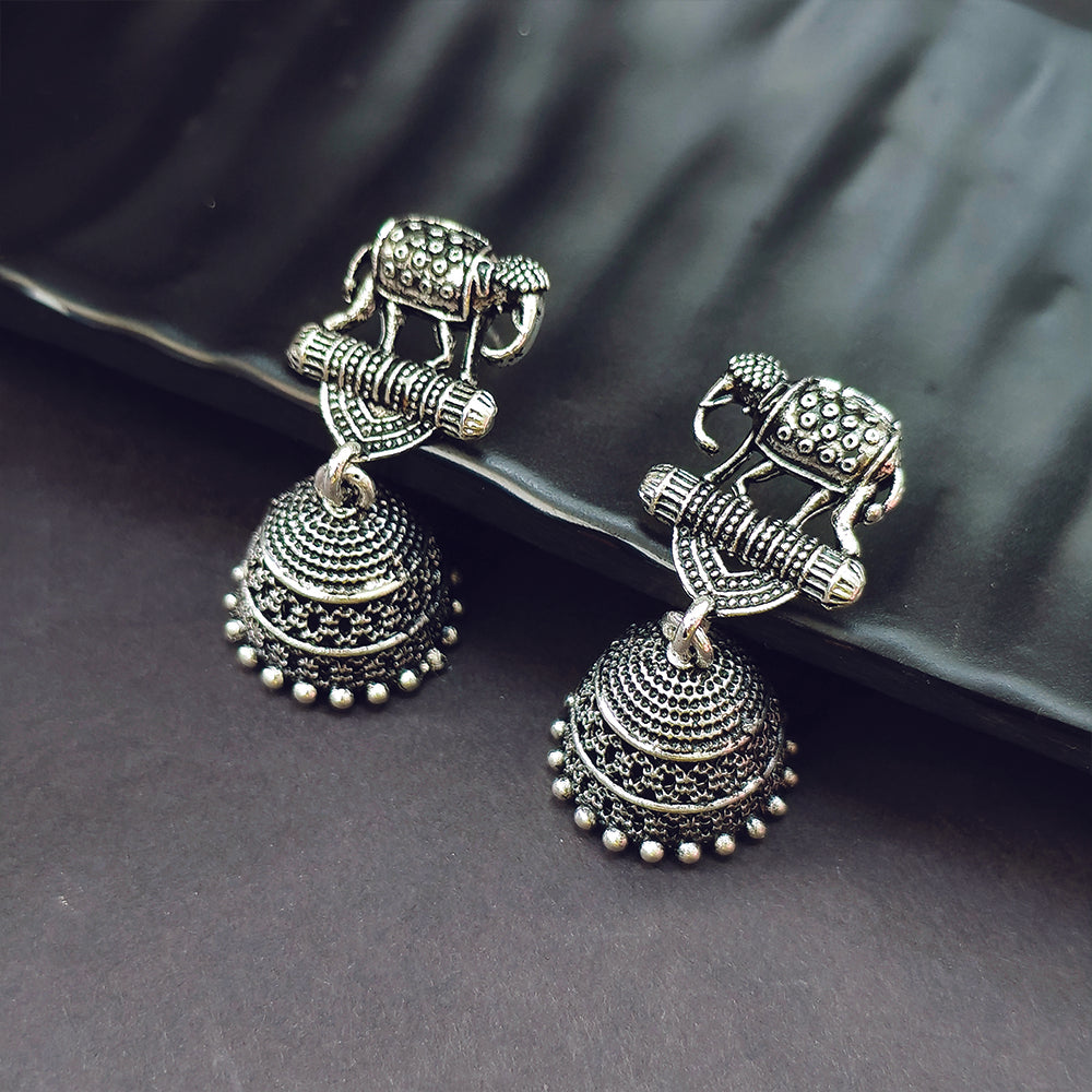 Jewelmaze Elephant Oxidised Jhumki Earrings - 1320026
