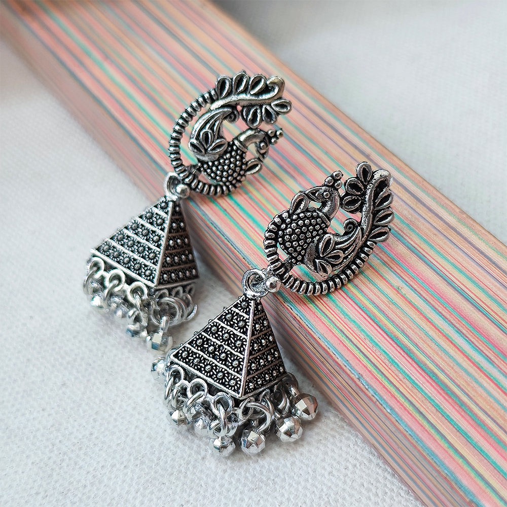 Jewelmaze Oxidised Plated Peacock Jhumki Earrings