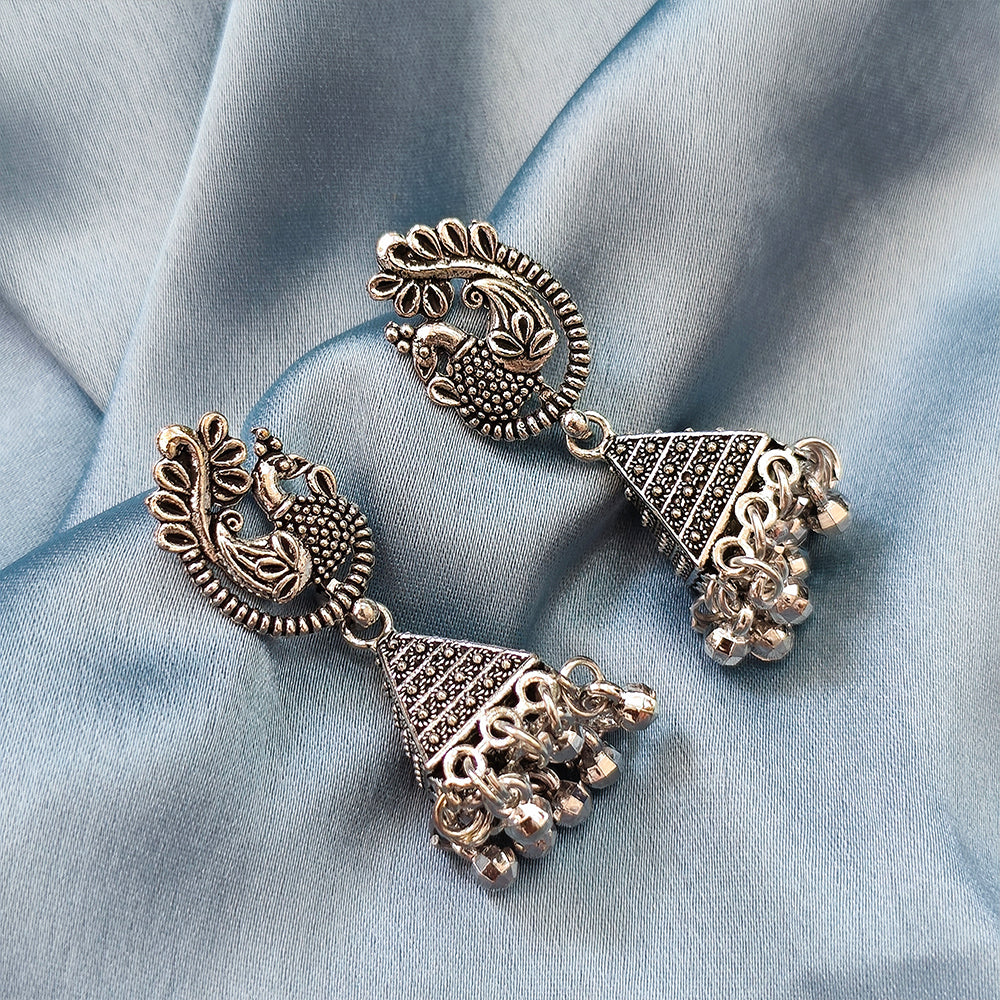 Jewelmaze Oxidised Plated Peacock Jhumki Earrings