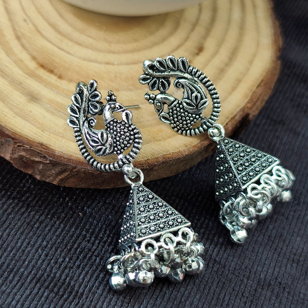 Jewelmaze Oxidised Plated Peacock Jhumki Earrings