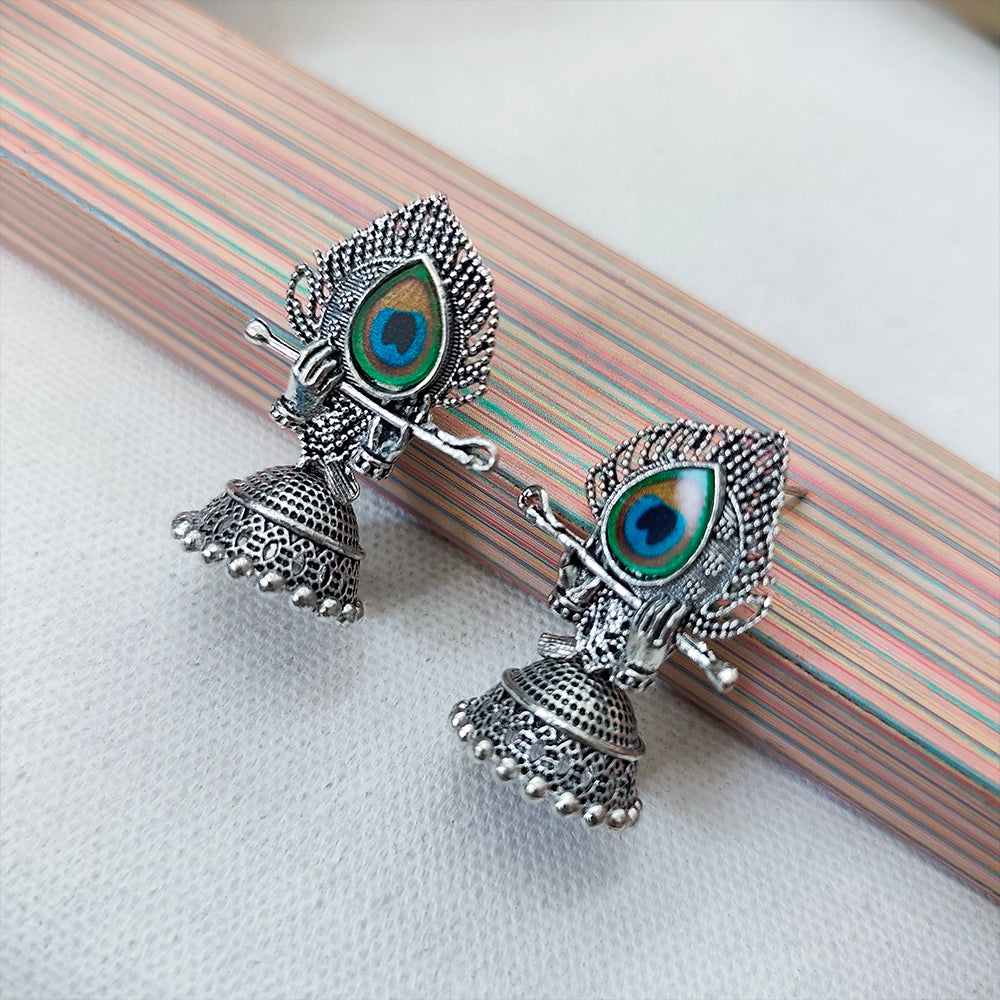 Jewelmaze Oxidised Plated Krishna  Peacock Jhumki Earrings