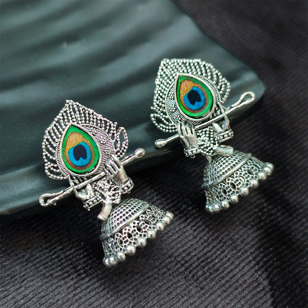 Jewelmaze Oxidised Plated Krishna  Peacock Jhumki Earrings