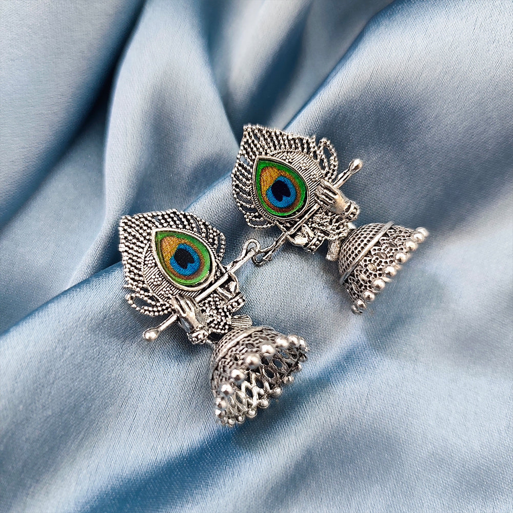 Jewelmaze Oxidised Plated Krishna Peacock Jhumki Earrings