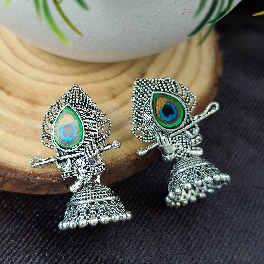 Jewelmaze Oxidised Plated Krishna Peacock Jhumki Earrings