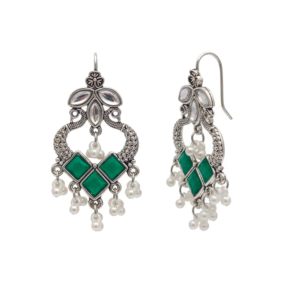 Jewelmaze Oxidised Plated Green Kundan Peacock Dangler Earrings