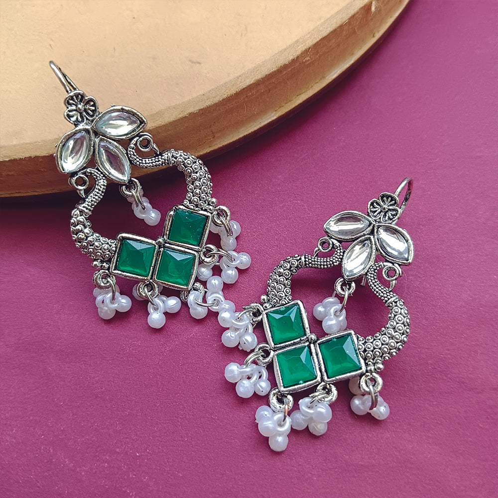 Jewelmaze Oxidised Plated Green Kundan Peacock Dangler Earrings