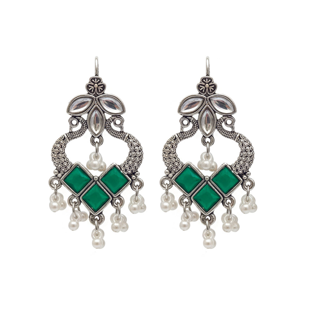 Jewelmaze Oxidised Plated Green Kundan Peacock Dangler Earrings