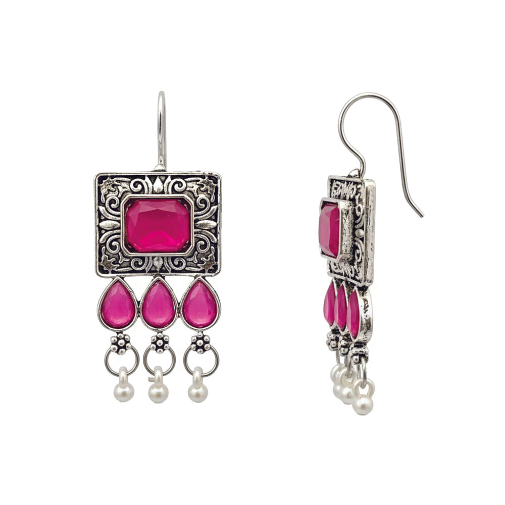 Jewelmaze Oxidised Plated Pink Kundan Dangler Earrings