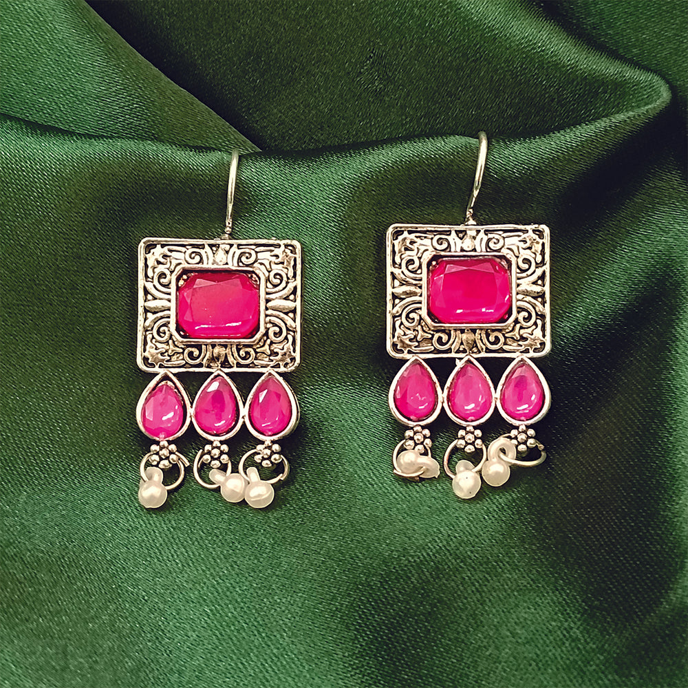 Jewelmaze Oxidised Plated Pink Kundan Dangler Earrings