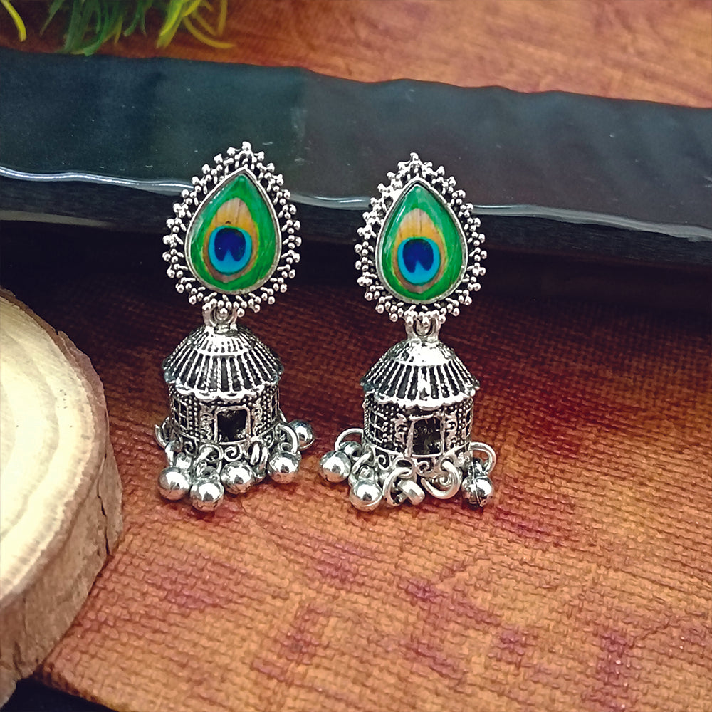 Jewelmaze Oxidised Plated Peacock Jhumki Earrings