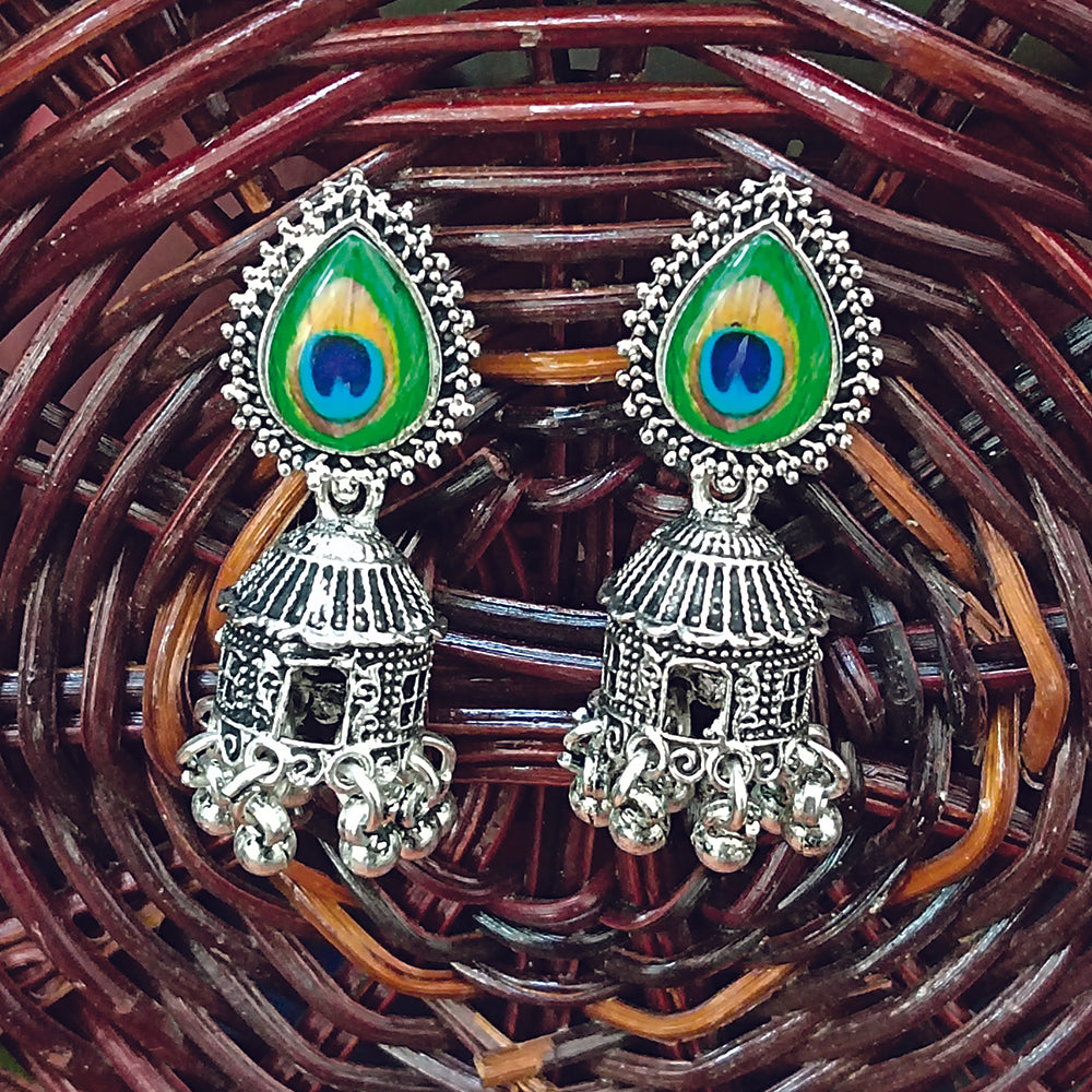 Jewelmaze Oxidised Plated Peacock Jhumki Earrings