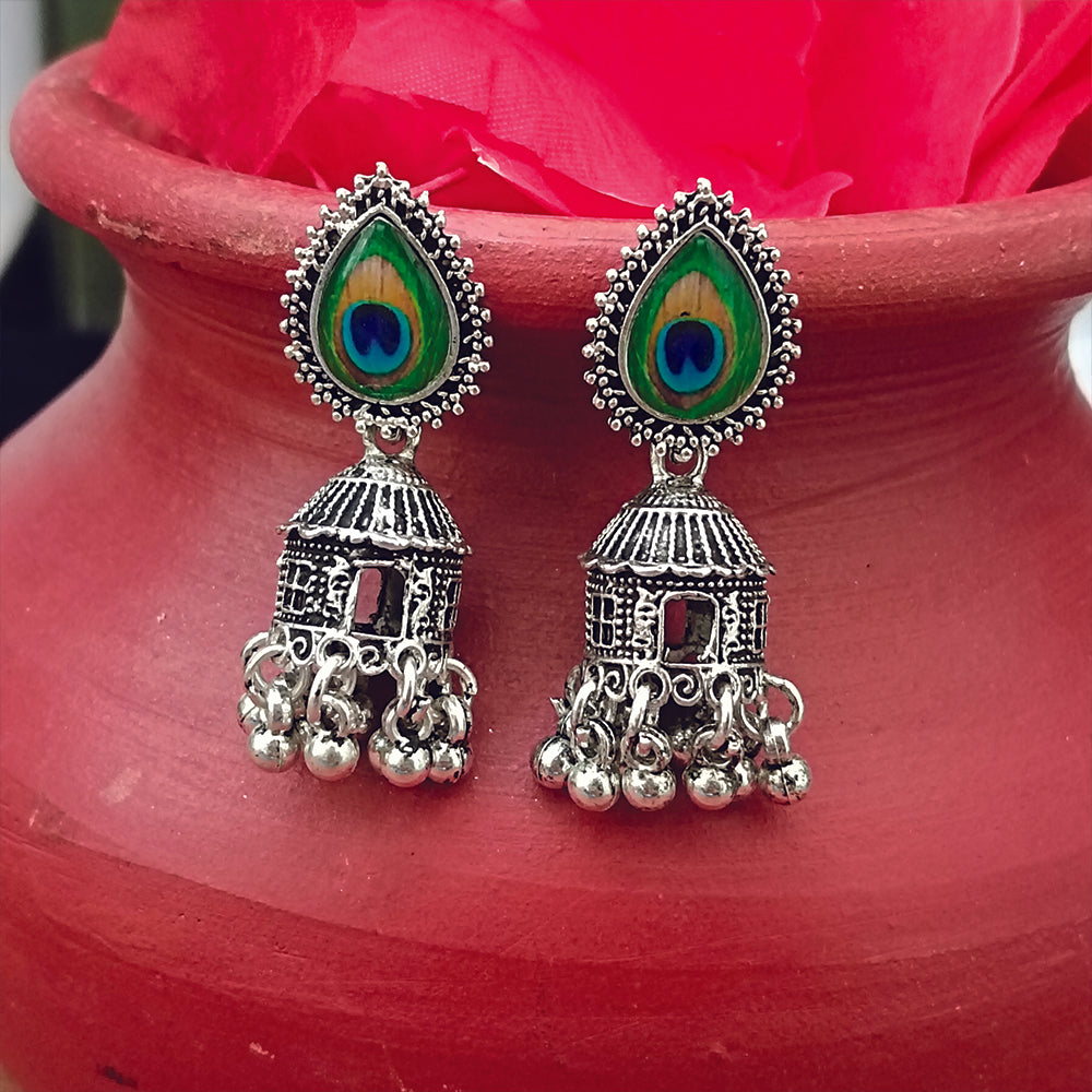 Jewelmaze Oxidised Plated Peacock Jhumki Earrings
