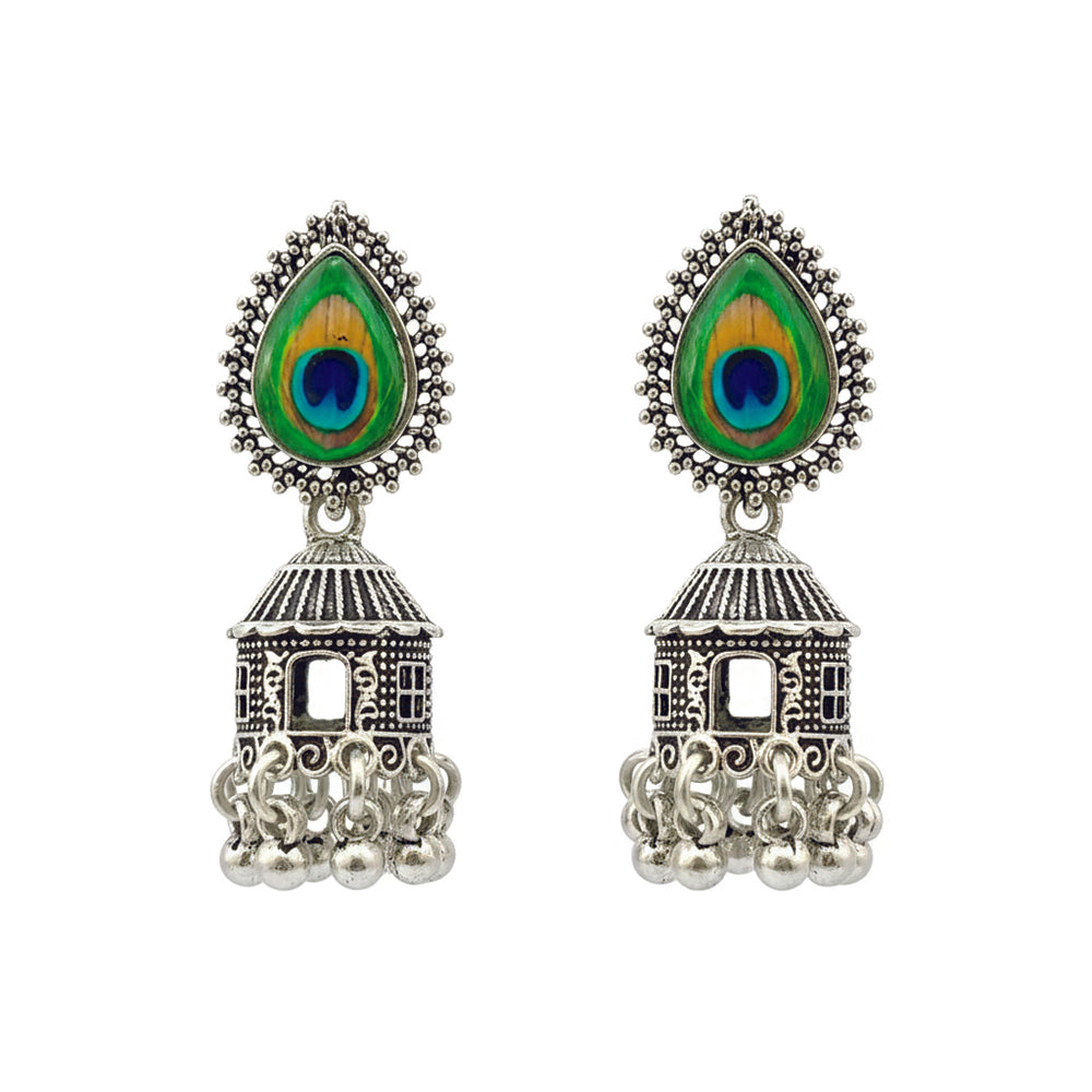 Jewelmaze Oxidised Plated Peacock Jhumki Earrings