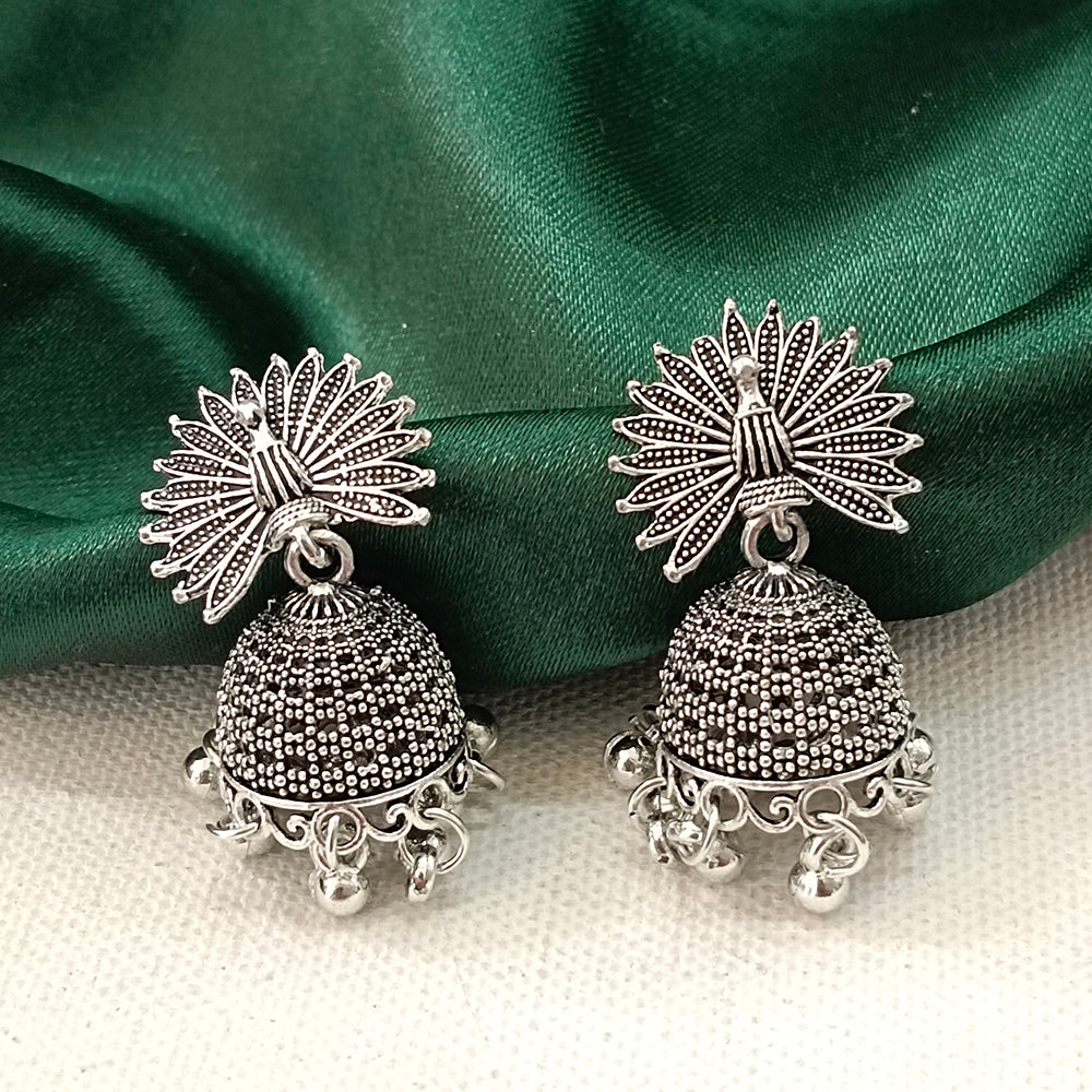 JewelMaze Oxidised Plated Peacock Jhumki Earrings