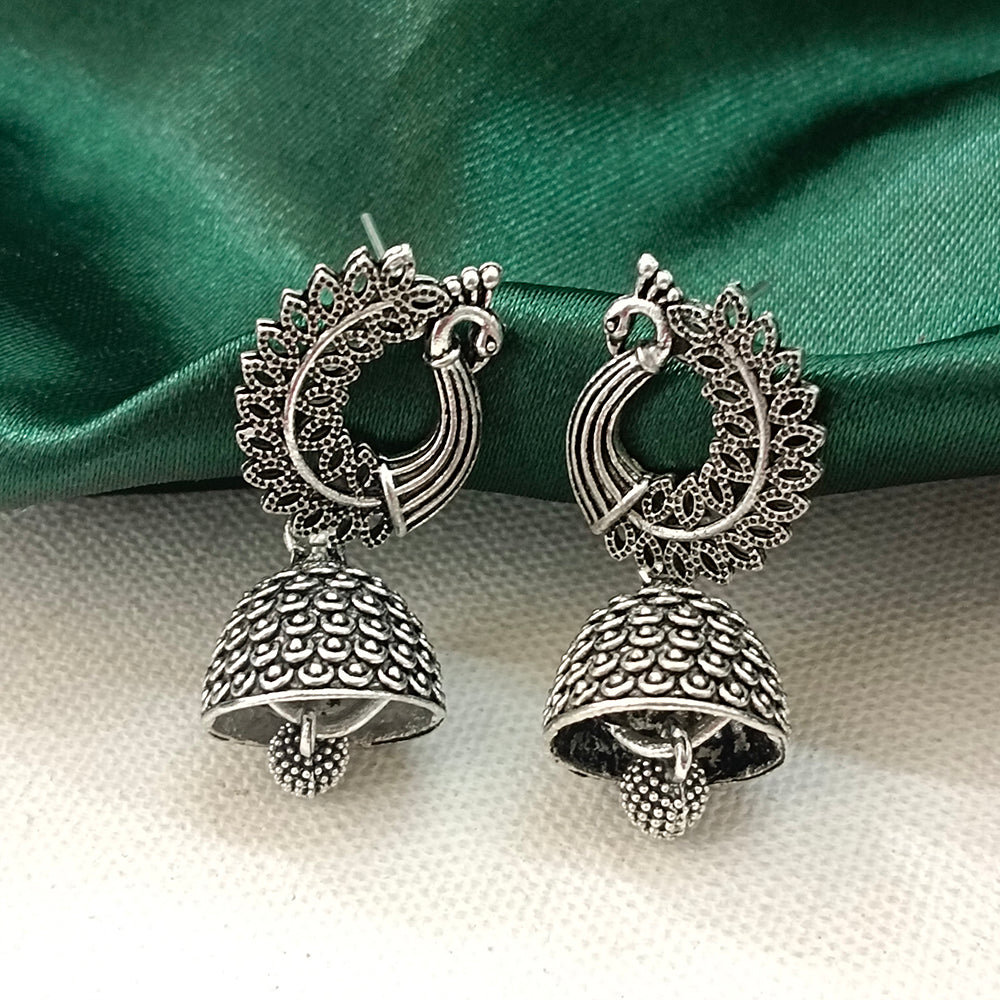 JewelMaze Oxidised Plated Peacock Jhumki Earrings