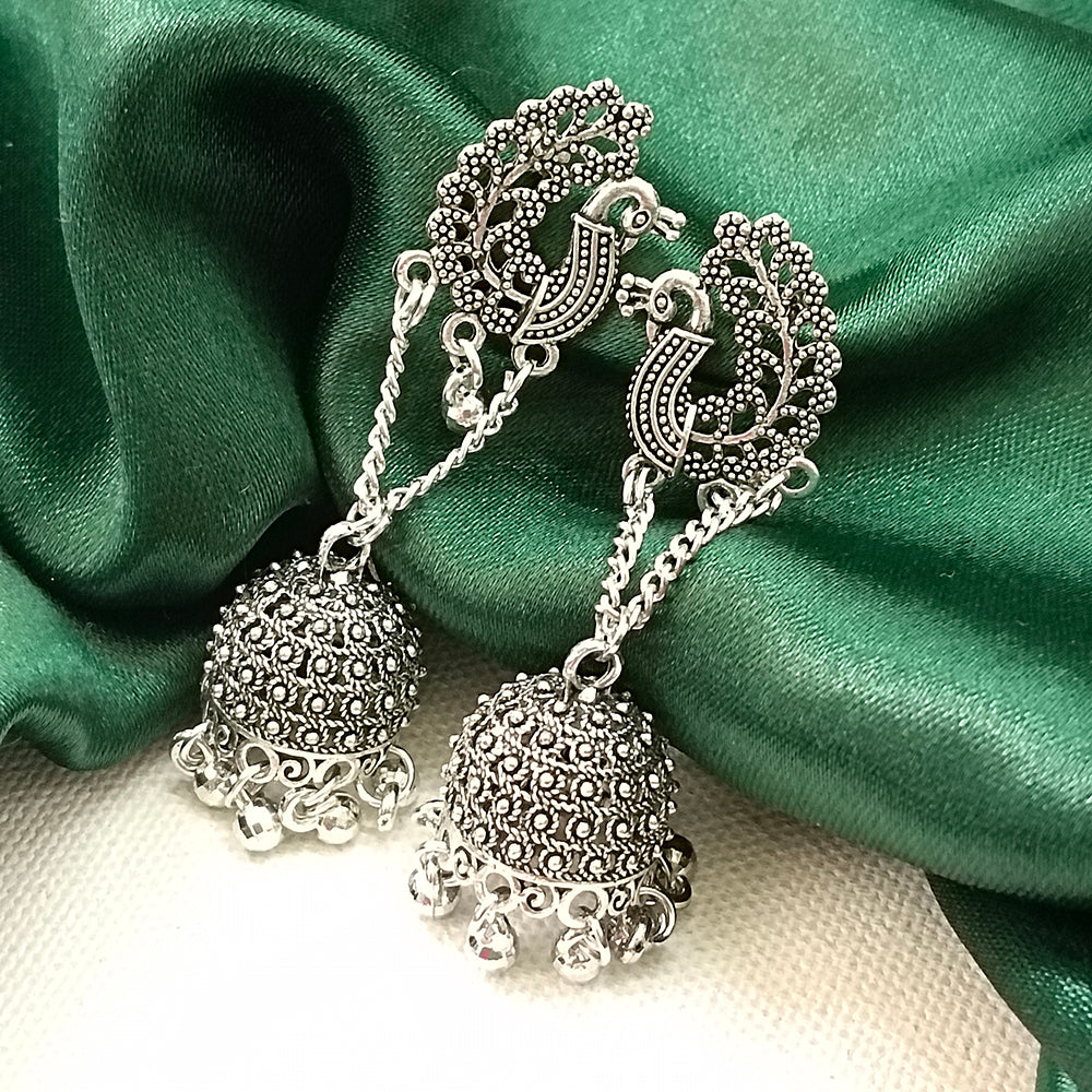 JewelMaze Oxidised Plated Peacock Jhumki Earrings