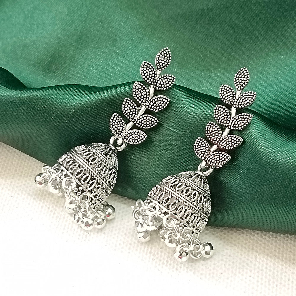 JewelMaze Oxidised Plated Leaf Jhumki Earrings