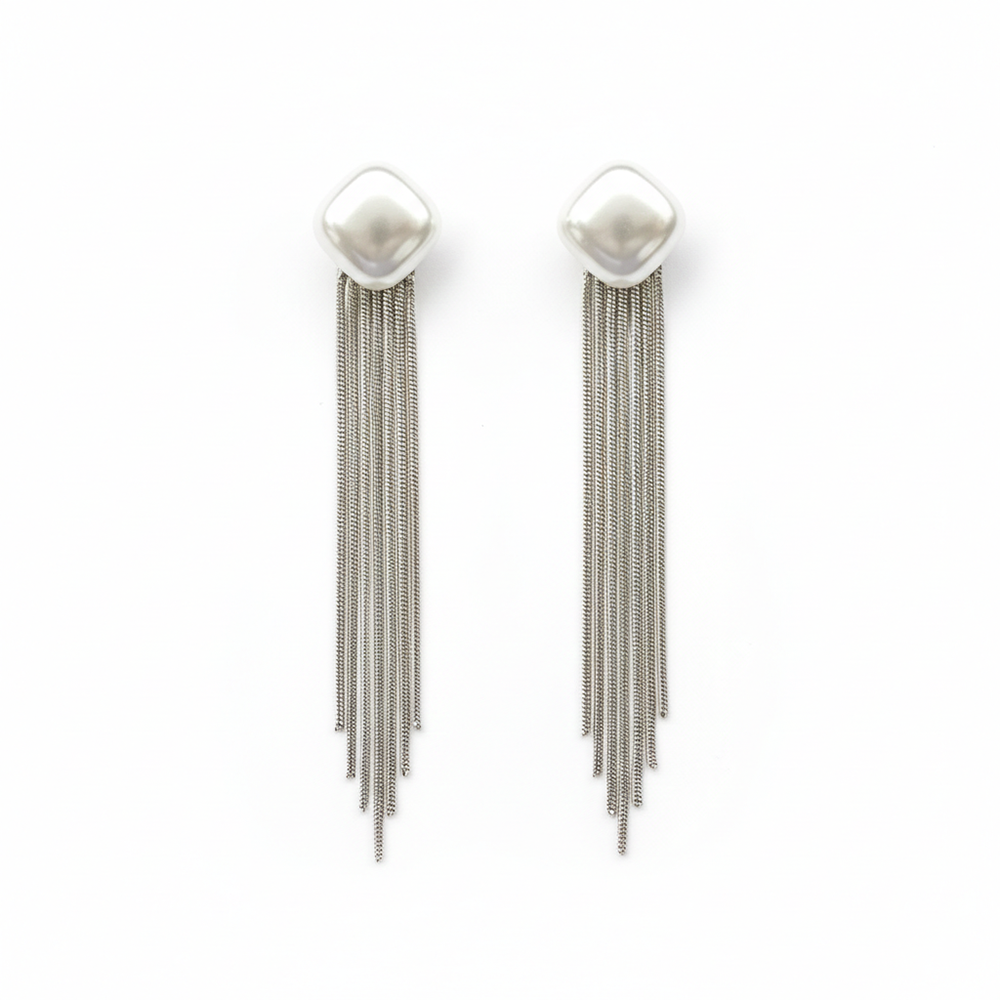 JewelMaze Luxe Square Pearl Modern Statement Long Earrings