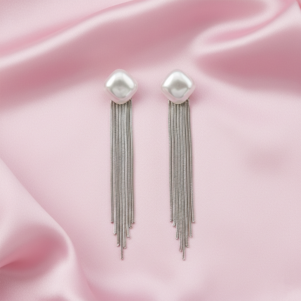 JewelMaze Luxe Square Pearl Modern Statement Long Earrings