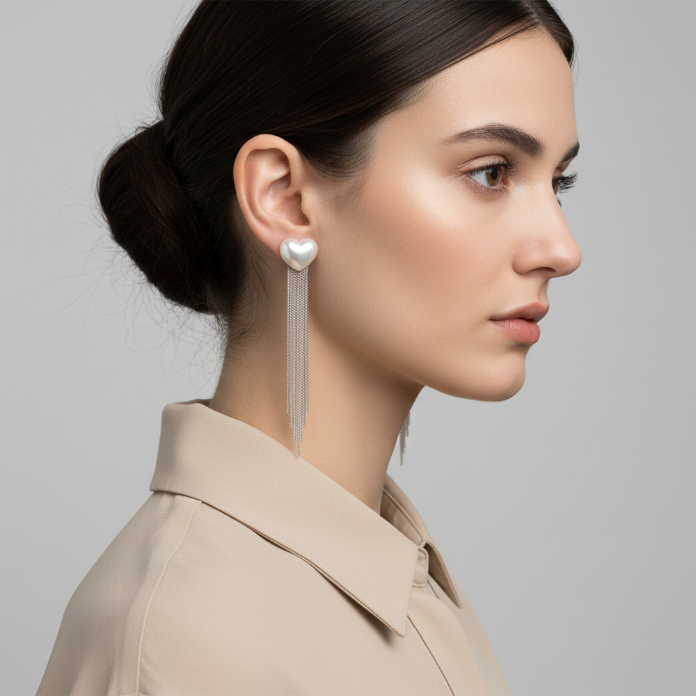 JewelMaze Luxe Heart Pearl Chic Statement Long Earrings