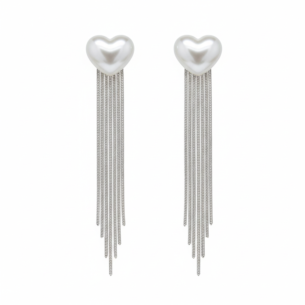 JewelMaze Luxe Heart Pearl Chic Statement Long Earrings