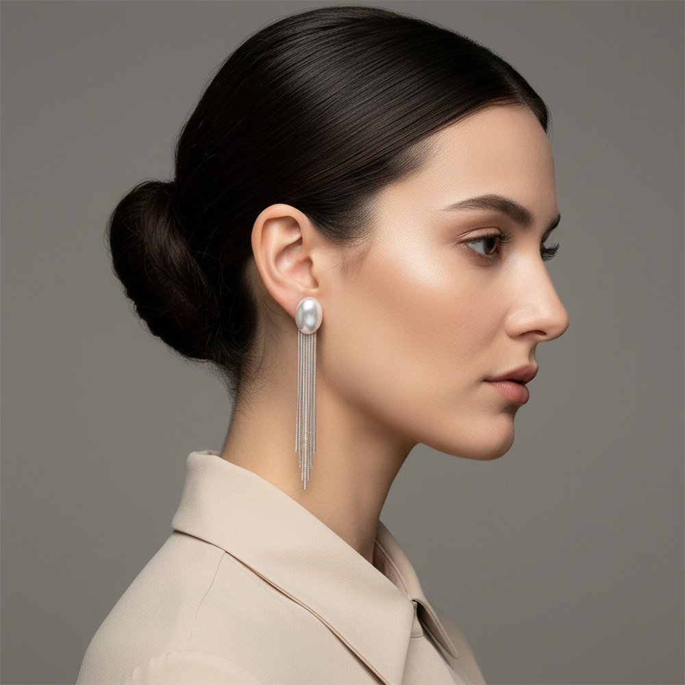 JewelMaze Luxe Oval Pearl Classy Long Drop Earrings