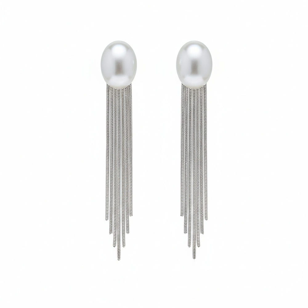 JewelMaze Luxe Oval Pearl Classy Long Drop Earrings
