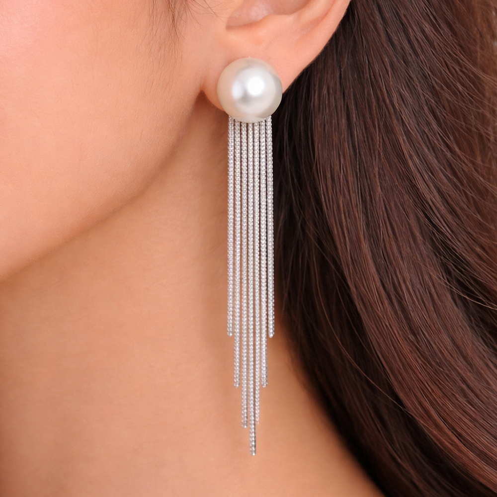 JewelMaze Luxe Round Pearl Classic Long Party Wear Earrings