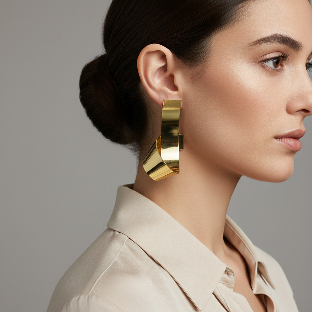 JewelMaze Anti-Tarnish Gold Curved Statement Earrings for Women