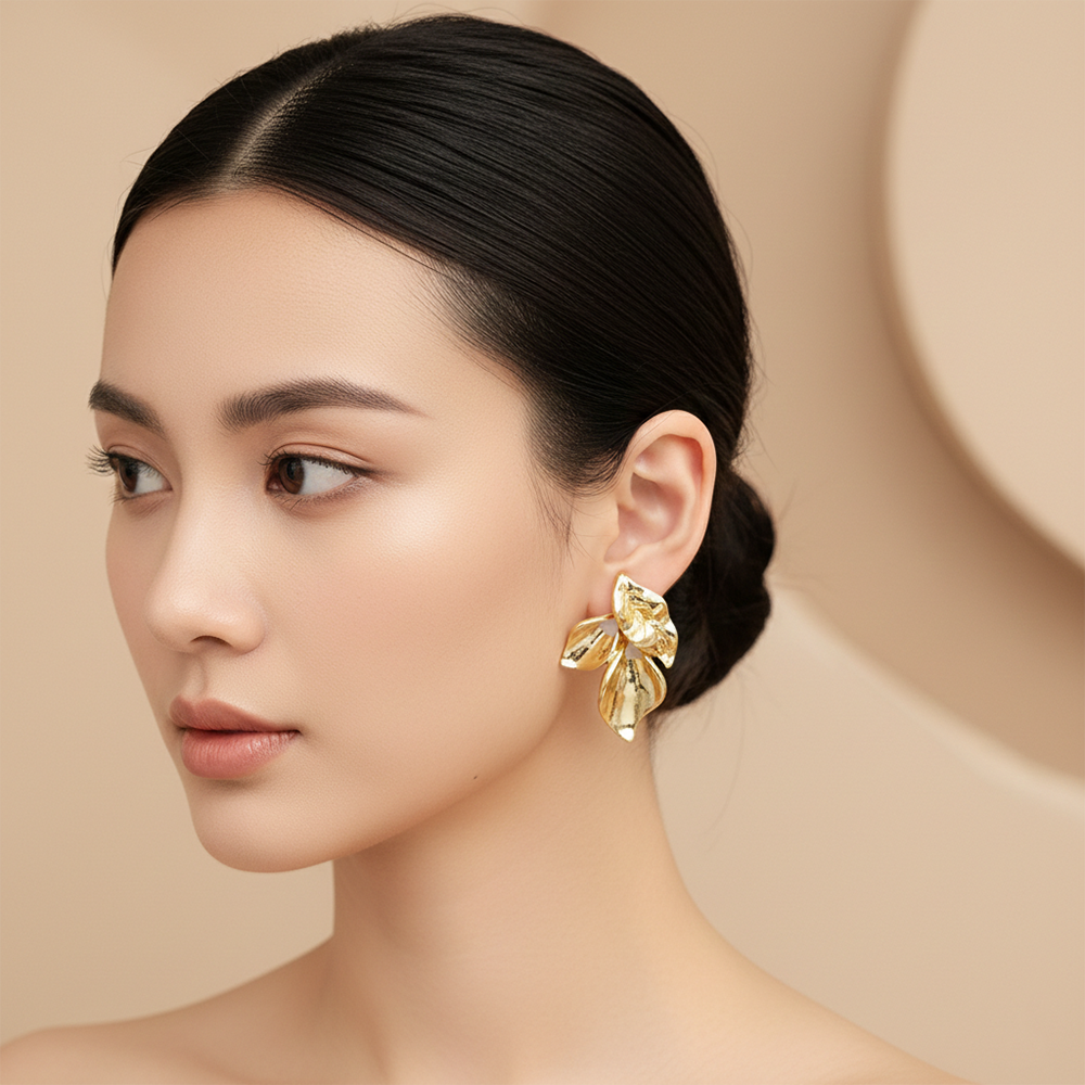 JewelMaze Anti-Tarnish Gold Floral Stud Earrings for Women