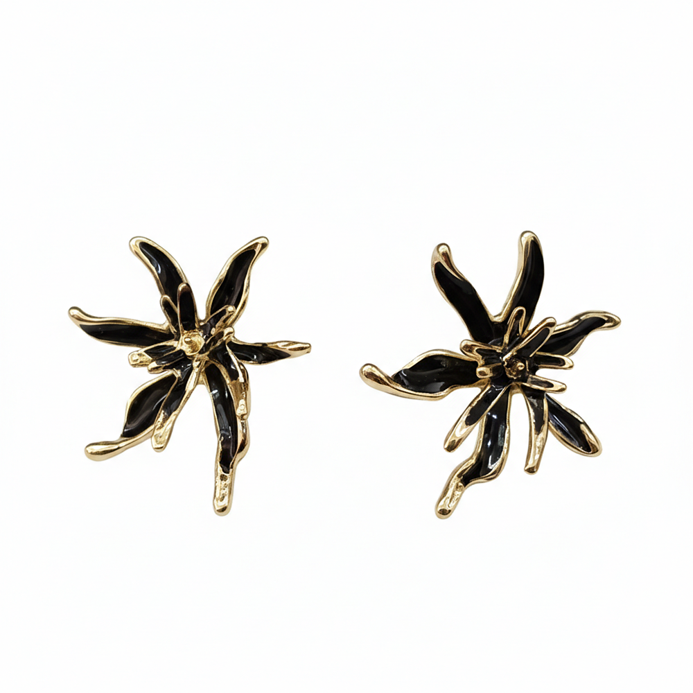 JewelMaze Designer Black & Gold Floral Pattern Anti Tarnish Studs