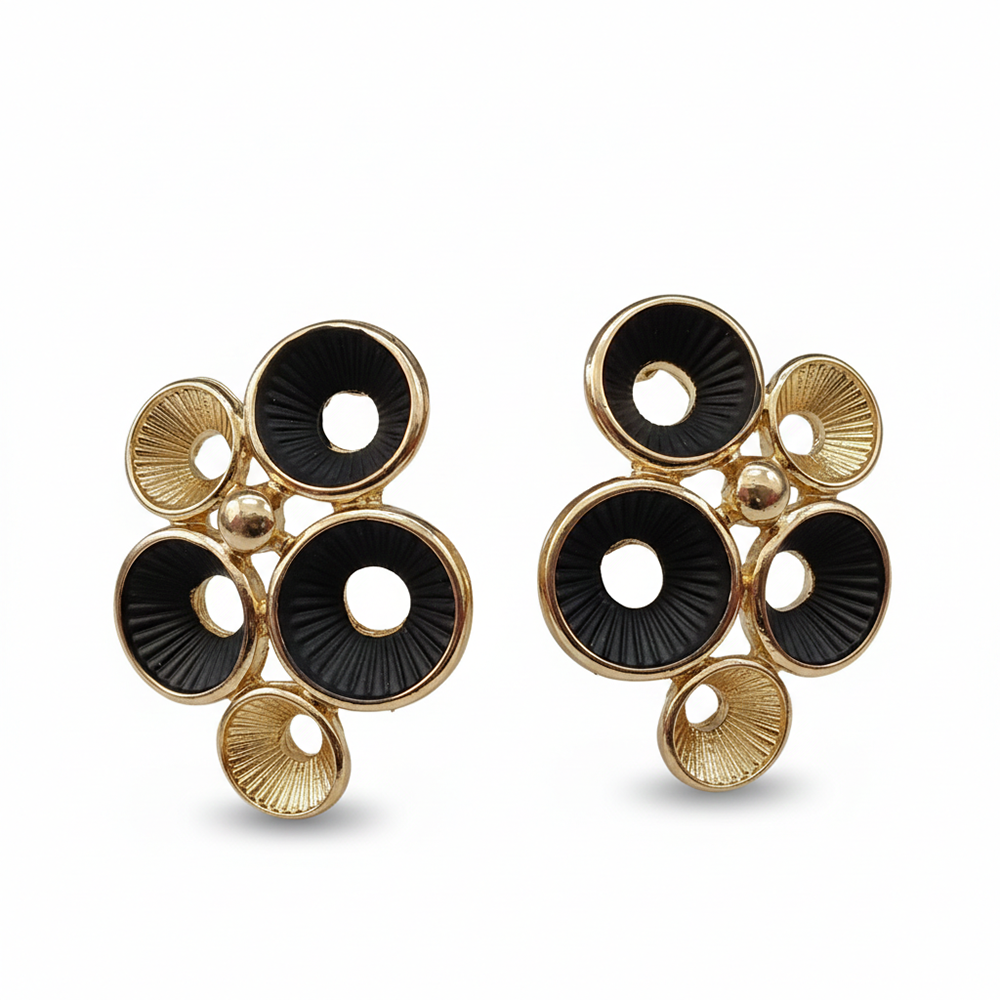 JewelMaze Minimal Black Enamel Gold Detail Anti Tarnish Earrings