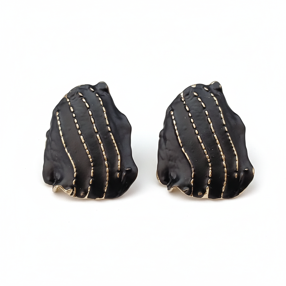 JewelMaze Artistic Black Enamel Gold Stroke Stud Anti Tarnish Earrings