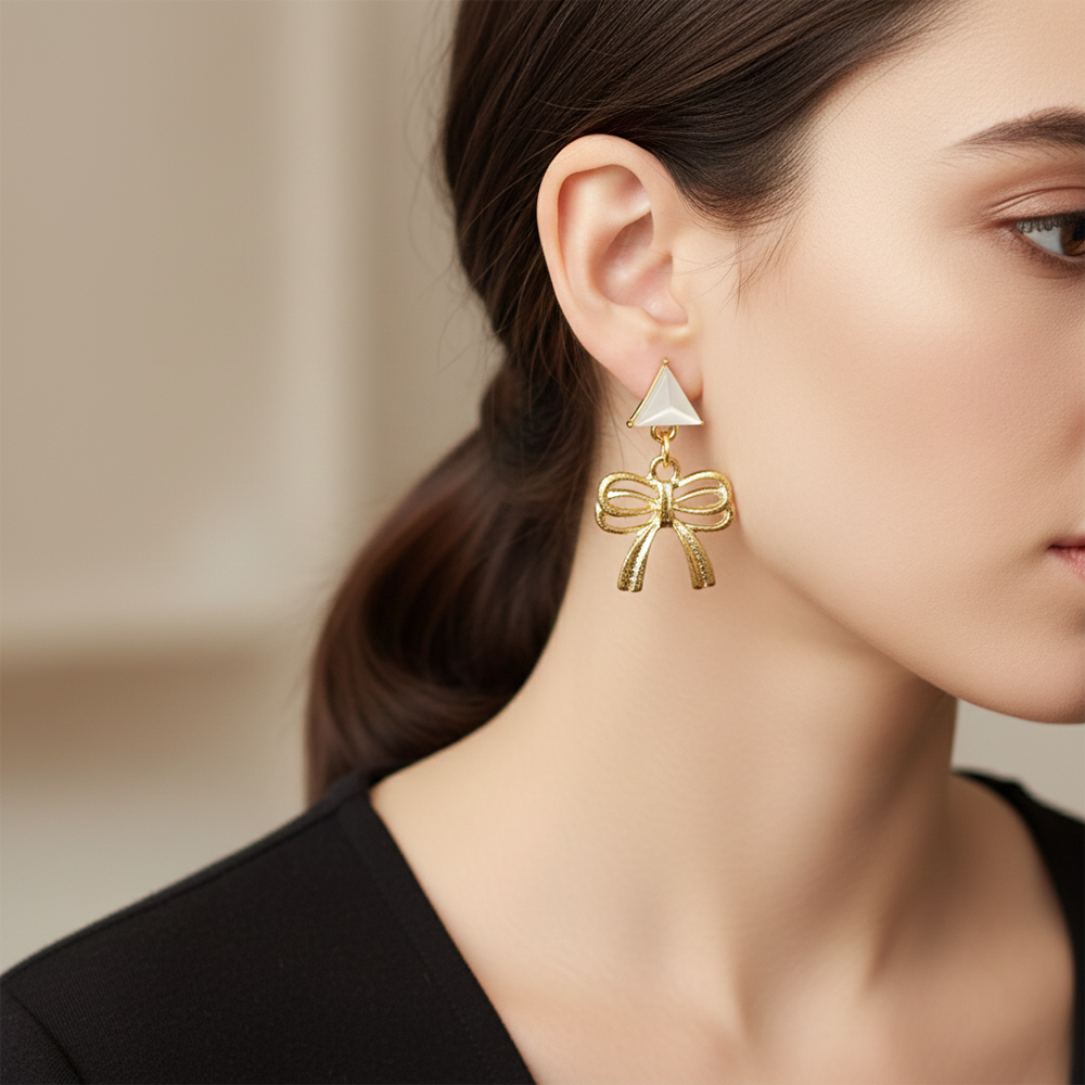 JewelMaze Aesthetic Bow Drop Earrings with Polished Finish