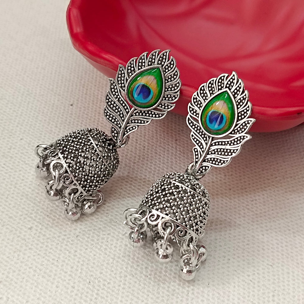 JewelMaze Oxidised Plated Peacock Style Jhumki Earrings