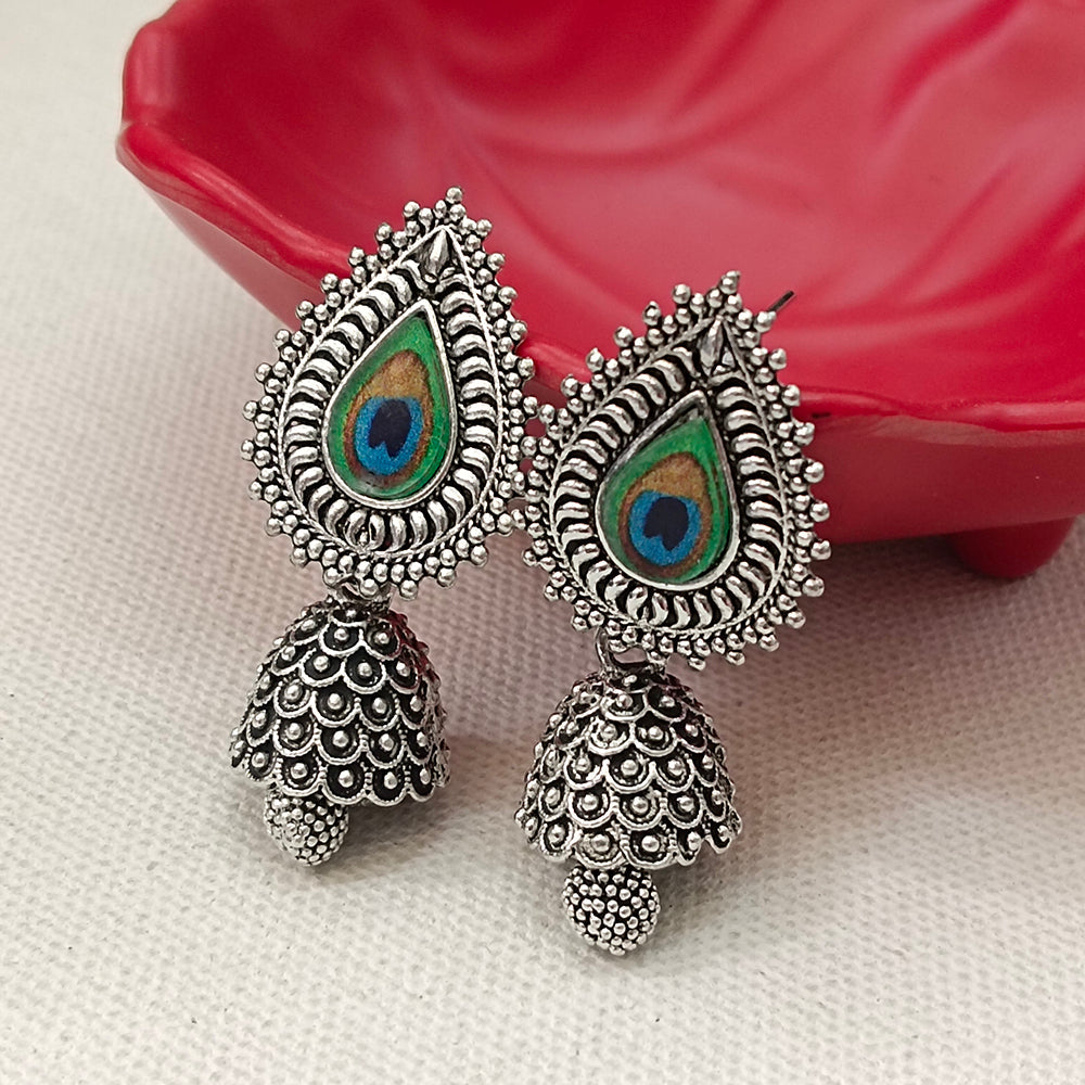 JewelMaze Oxidised Plated Peacock Style Jhumki Earrings