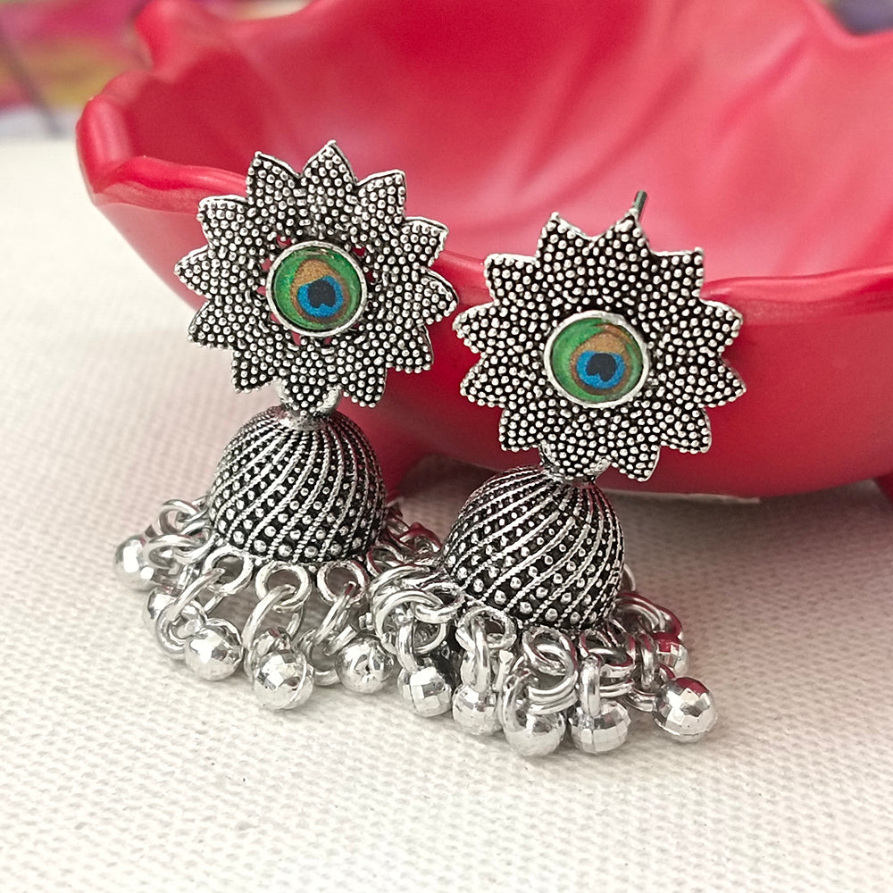 JewelMaze Oxidised Plated Peacock Style Jhumki Earrings