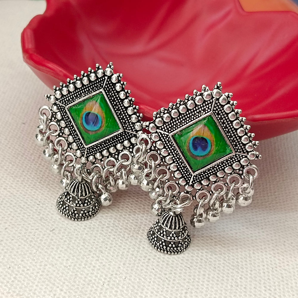 JewelMaze Oxidised Plated Peacock Style Jhumki Earrings