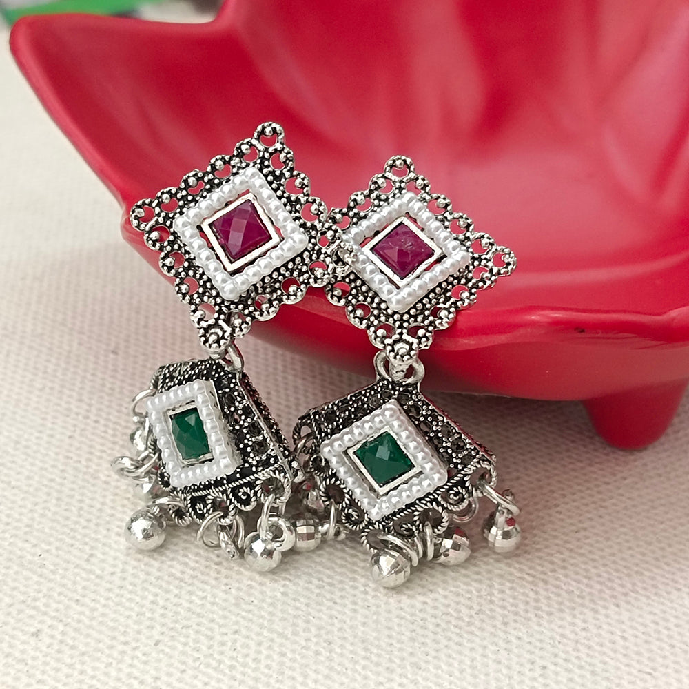 JewelMaze Oxidised Plated Pearl Style Jhumki Earrings