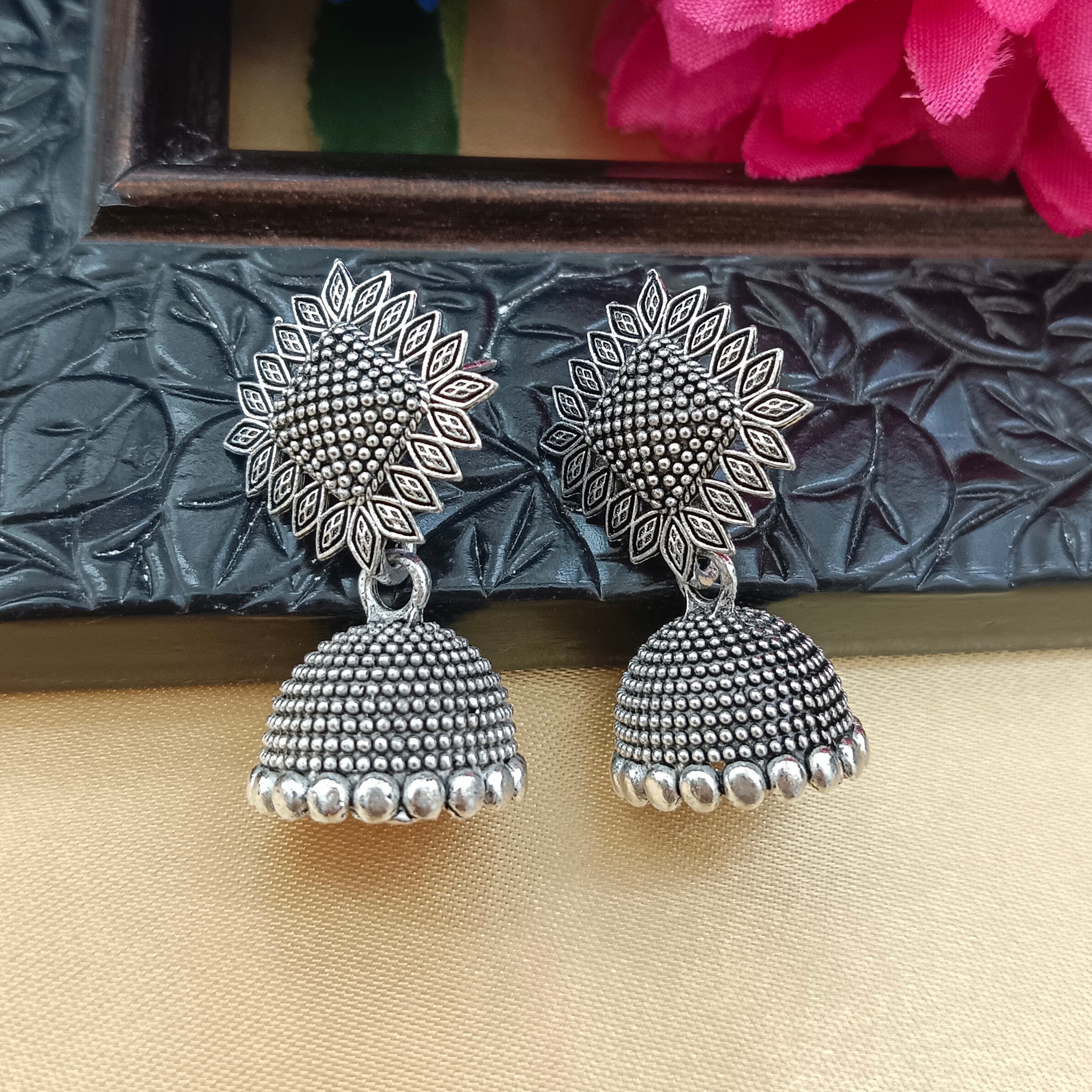 JewelMaze Oxidised Plated Square Floral Jhumki Earrings