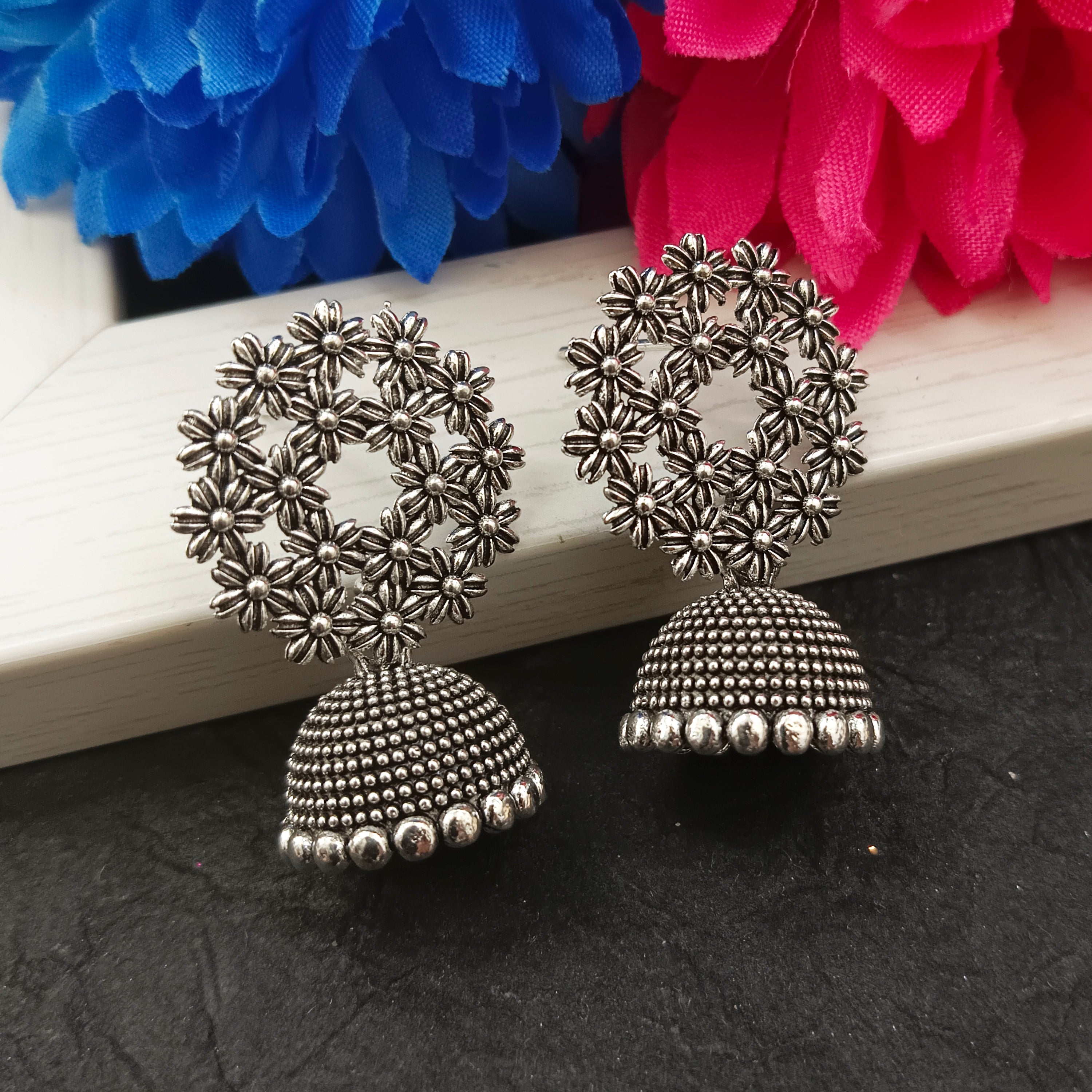 JewelMaze Oxidised Plated Floral Jhumki Earrings