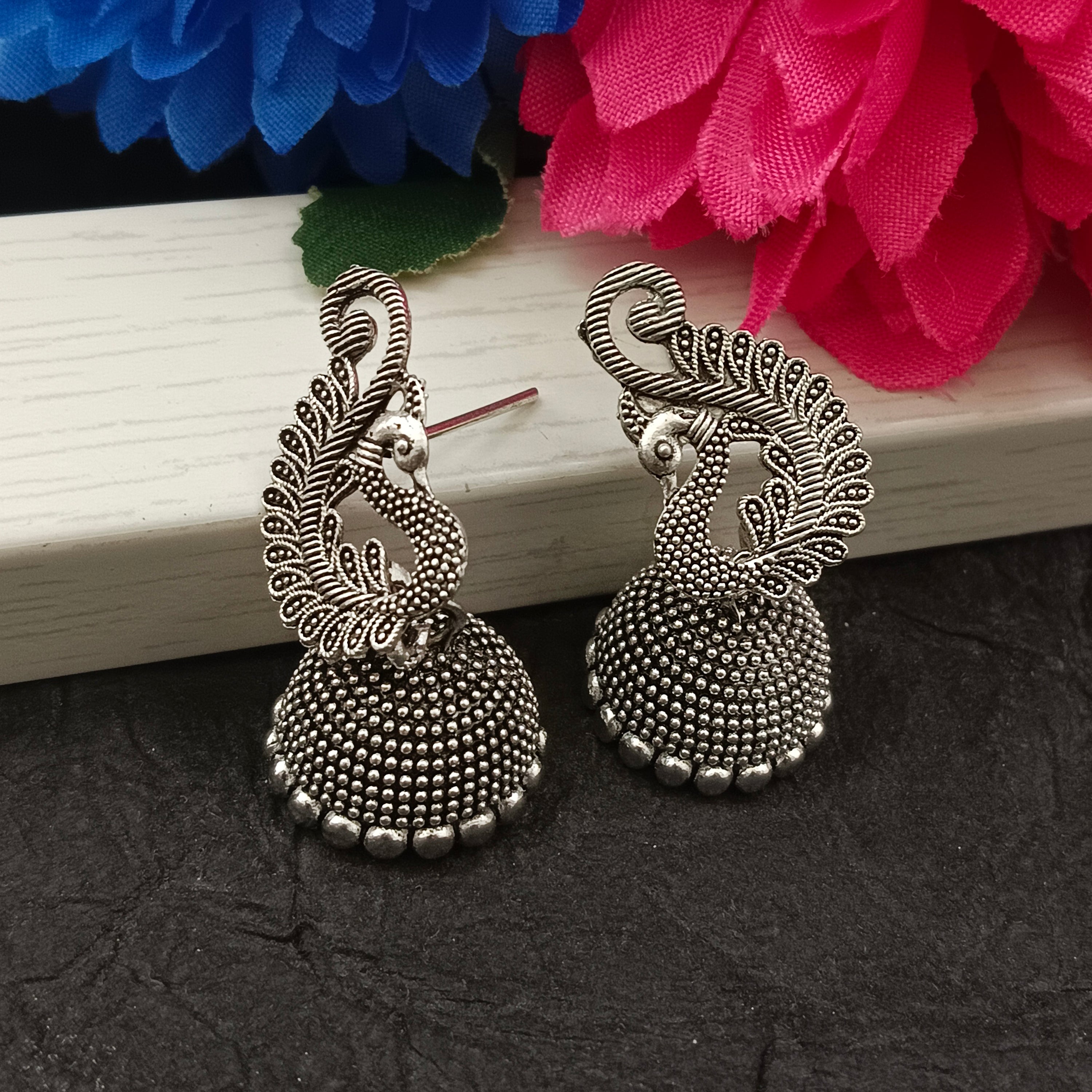 JewelMaze Oxidised Plated Peacock Jhumki Earrings
